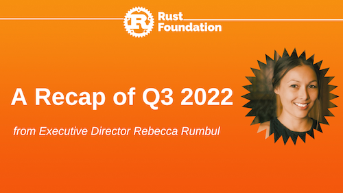 Q3 Update White Rust Foundation logo at top (letter "R" inside gear icon) with the following white bolded text heading: “Q3 2022 Update”. Italicized subheading in white reads “from Executive Director Rebecca Rumbul”. To the right, a circular frame with a zig-zag edge contains a headshot of Rebecca Rumbul.